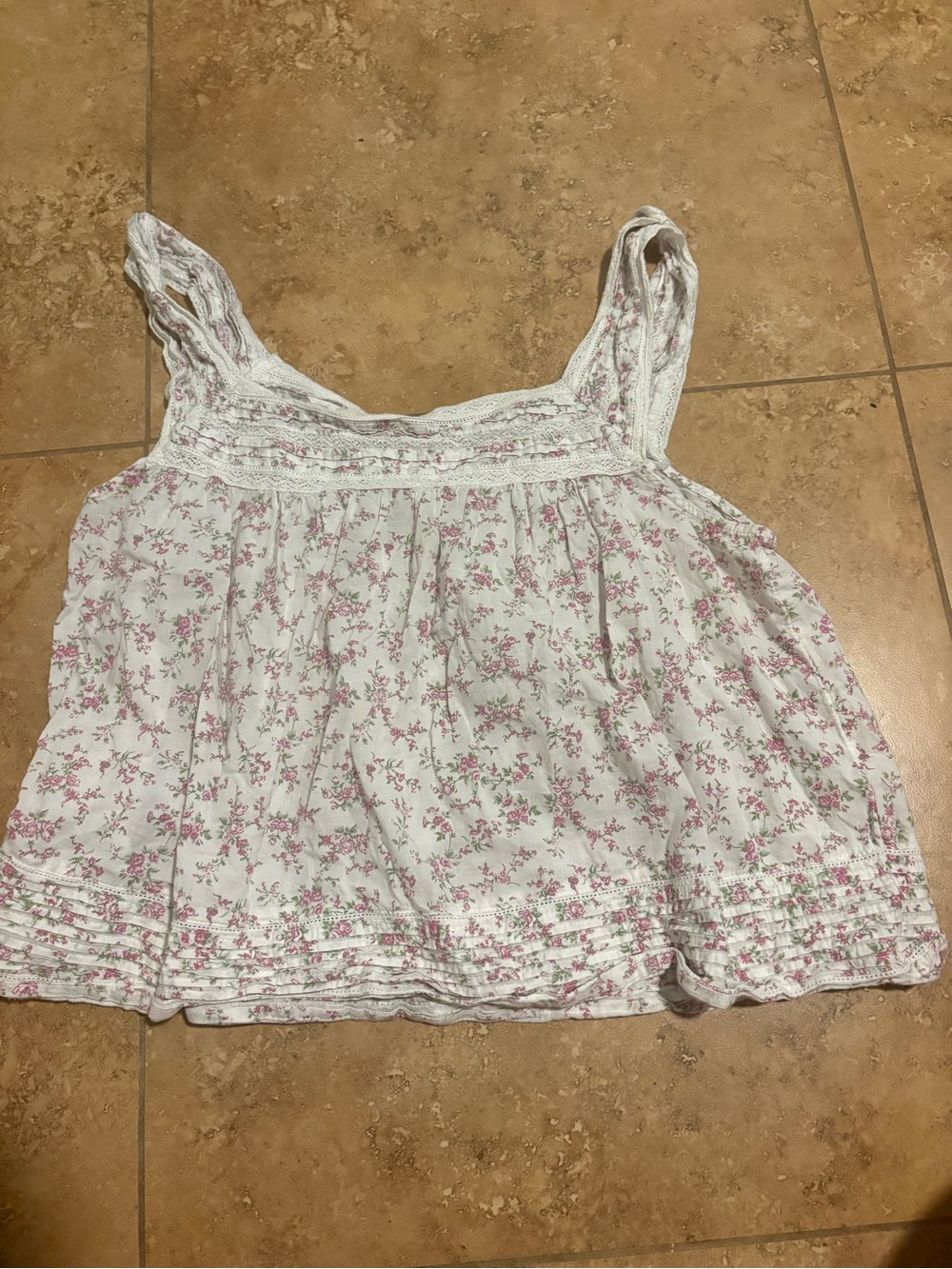 White Floral Sleeveless Ruffle Tank Top with Pink Print